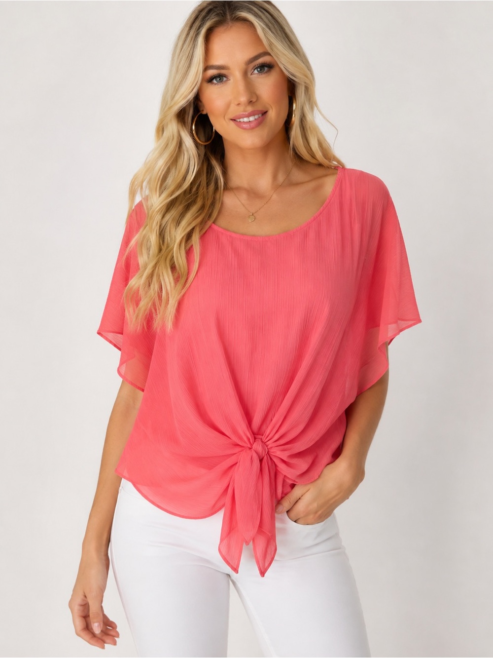 AGB Women’s Large Coral Pink Chiffon Overlay Tie Front Blouse Flutter Sleeve